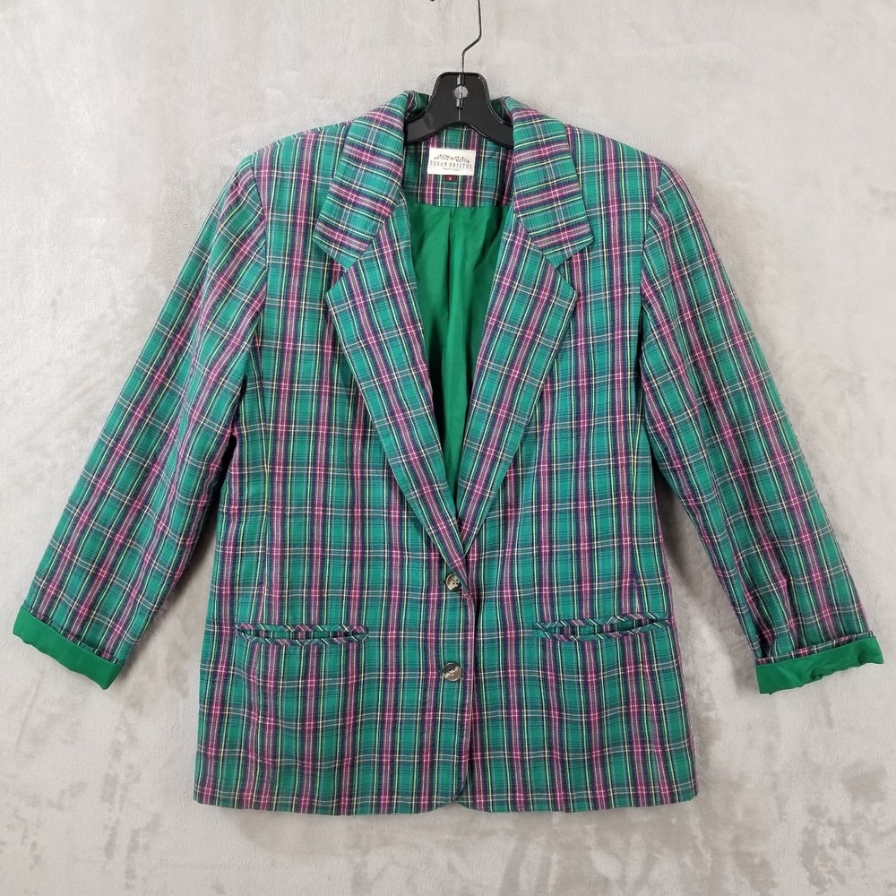 Vtg Blazer Women 8 Green Pink Plaid Oversized Lined Boxy Jacket Preppy Pockets‎